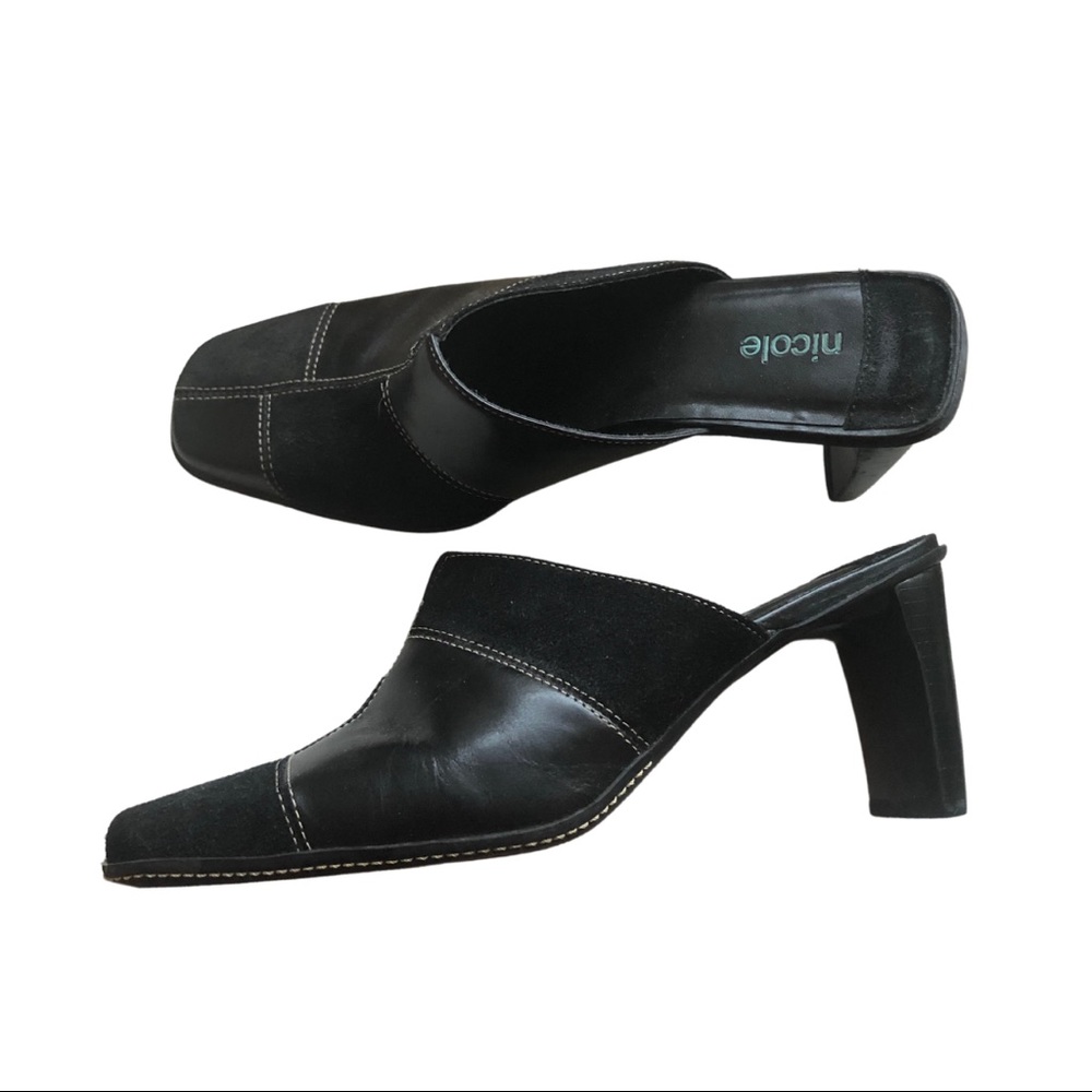Black Leather and Suede Close Toed Heeled Mules